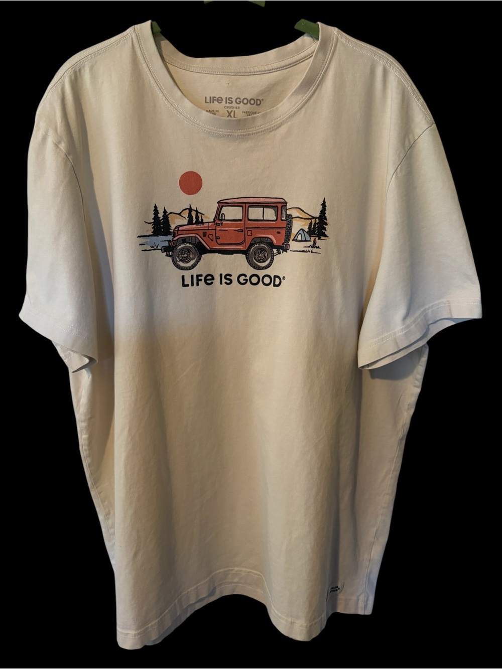 Life Is Good Men’s Off-White Tee with Orange-Red Jeep Graphic